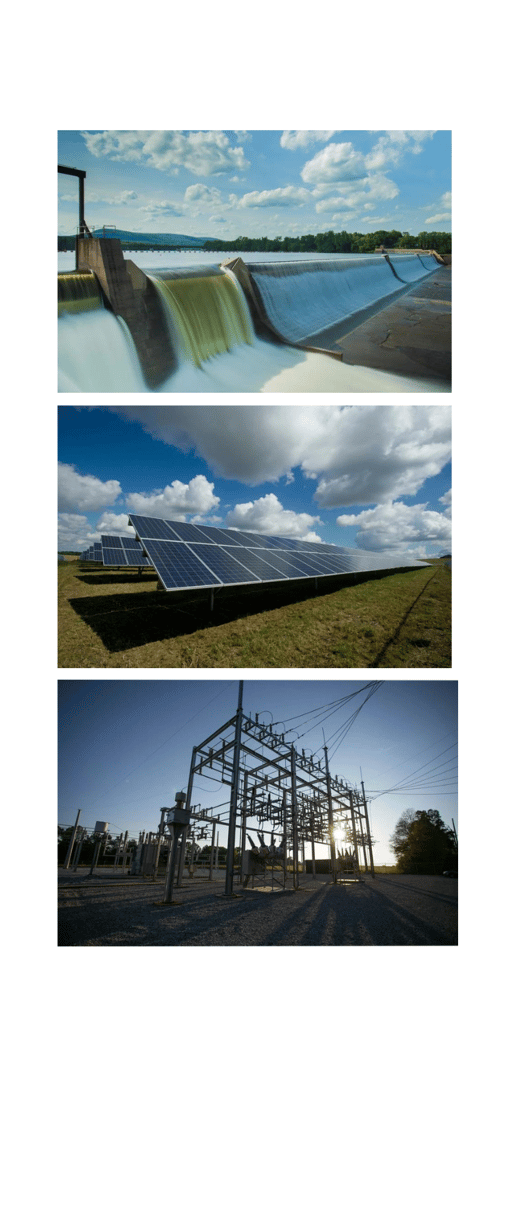 Hydroelectric dam, solar panel array and electrical substation