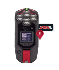 Waarschuwing voor hoog gasgehalte op G7-gasdetectieapparaat met realtime zichtbaarheid op aangesloten software.