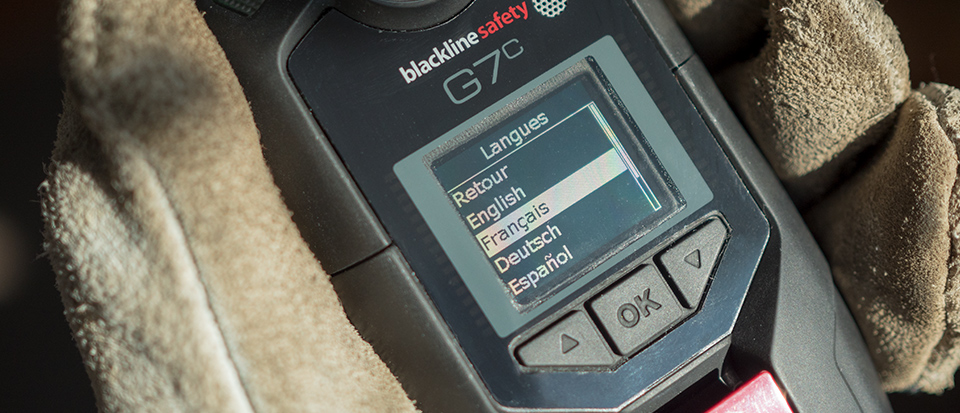 De draadloze gasdetector G7 van Blackline heeft een meertalige interface.